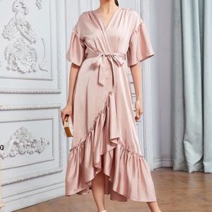 Solid Ruffle Hem Belted Satin Dress